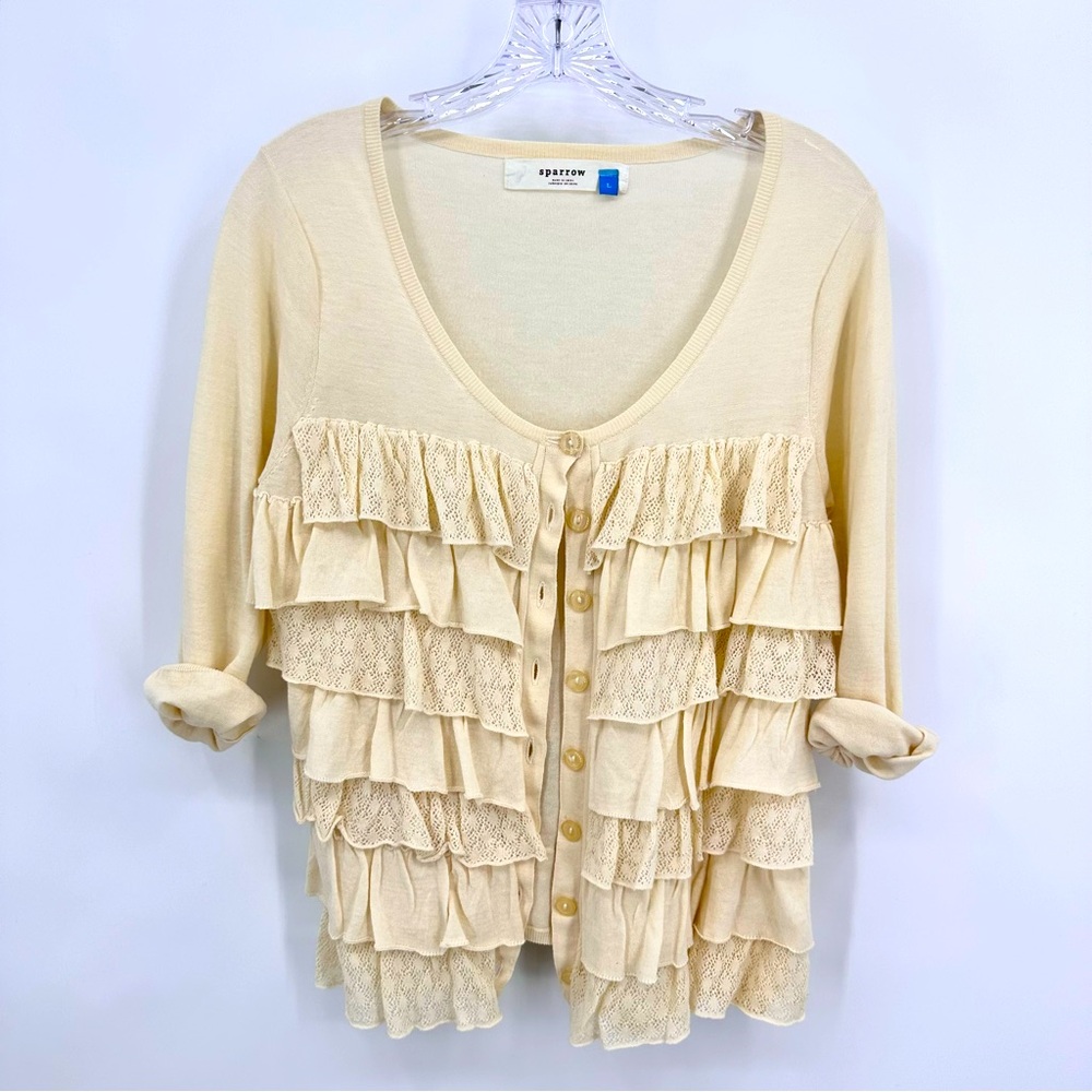 Anthropologie Sparrow Tiered Lace Ruffle Button Up Cardigan Ivory Cream Size L